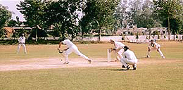Mayank of J&K plays the ball in the Cooch Behar tie against Haryana played on Wednesday at the JR Institute of Cricket Technology, Barwala (Haryana).