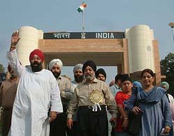 A Sikh jatha at the Wagah joint checkpost before crossing over to Pakistan