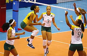 Brazilian spikers celebrate a point during their World Cup second-round match against the Dominican Republic