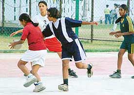 Coaching Centre-42 and Coaching Centre-19 eves struggle for the title in the Chandigarh Senior State Handball Meet in DAV Senior Secondary School