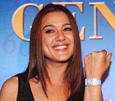 Bollywood actress Priety Zinta in all smiles after she was felicitated with a Swiss made Franck Muller wrist watch 