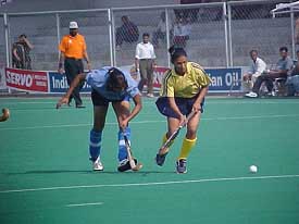 Players of Northern Railway and Chandigarh XI in action at the 20th Indian Oil Surjeet Memorial Hockey Tournament
