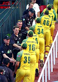 New Zealand cricketers congratulate the victorious Australian team