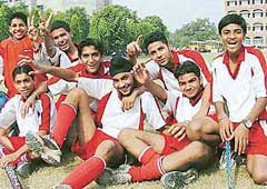 Jubilant hockey players of St Stephens School, Sector 45, who won the ICSE Inter-School Hockey Meet