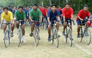 Students of Yadavindra Public School, SAS Nagar, take part in a cycle race as part of Childrens Day at SAS Nagar on Friday.