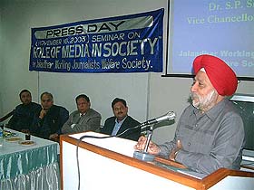 The Vice-Chancellor of Guru Nanak Dev University, Dr S.P. Singh, addresses a seminar on "Role of media in society" on the occasion of Press Day in Jalandhar