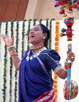 Folk singer Usha Barle perform during the Chhattisgarh Day celebrations at the 23rd India-International Trade Fair