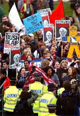 Demonstrators outside Buckingham Palace in London on Wednesday during the state visit of US President George W. Bush