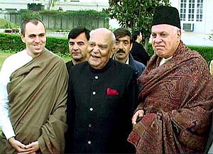J&K Governor S.K. Sinha with National Conference leaders Farooq Abdullah and Omar Abdullah at an Iftar Party in Jammu 