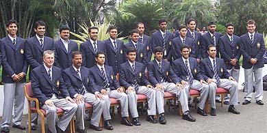 The Indian cricket team with coach John Wright in Chennai before leaving for Australia on Friday. 