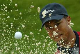 US golfer Tiger Woods chips out of a bunker on the way to losing his four-ball match with teammate Charles Howell against South Africa's Tim Clark and Ernie Els at the Presidents Cup golf tournament in South Africa 