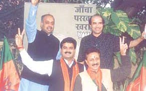 Singer Suresh Wadkar with the BJP candidate from Paharganj, Mr Virender Babbar, and the Chandni Chowk candidate, Mr Dharam Vir Sharma, along with the Union Minister of State, Mr Vijay Goel