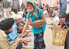 A girl serves langar to mark the Guru Teg Bahadurs Martyrdom Day at Sector-34 Gurdwara in Chandigarh on Monday.