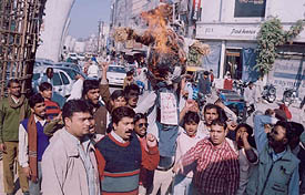 Activists of the Shiv Sena burn an effigy of terrorism in Ludhiana on Tuesday.