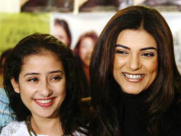 Bollywood stars Sushmita Sen (R) and Manisha Koirala arrive for the music release of their forthcoming film Paisa Vasool
