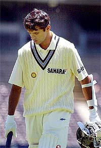 Rahul Dravid walks back after being dismissed for a duck during the three-day match against Victoria at the Melbourne Cricket Ground