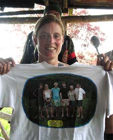 German hostage Reinhilt Weigel displays a T-shirt as she is freed in Sierra Nevada de Santa Marta, Colombia