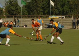 A match in progress between Punjab and Orissa circles in the 17th All-India Postal Hockey Tournament 