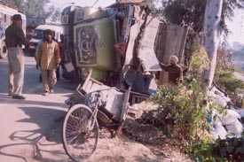 Scene of the accident in which three persons were injured near the Jalandhar byepass