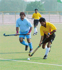 A match in progress between UP and Orissa circles in the 17th All-India Postal Hockey Tournament