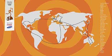A handout poster of the world map depicting the torch relay route for the 2004 Olympic Games as presented in Athens 
