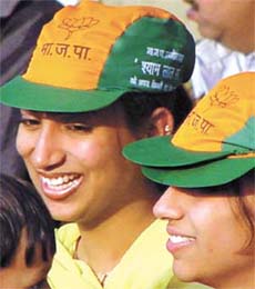 Supporters in BJP headgear at an election rally, which was addressed by Prime Minister Atal Behari Vajpayee in the Capital