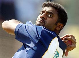 Sri Lankan off-spinner Muttiah Muralitharan bowls during a training session in Galle, Sri Lanka, on Monday