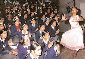 Kutiyattam artiste Kapila performs at St Kabir Public School, Sector 26, Chandigarh, on Tuesday.