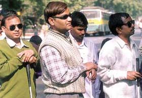 Activists of the National Federation of the Blind during a protest march at Jantar Mantar in the Capital