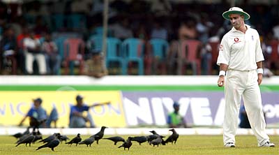 England's Graham Thorpe beckons the birds on the ground during the first day's play of the first Test match between England and Sri Lanka in Galle 