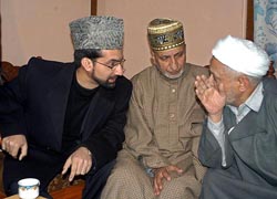 Mirwaiz Umar Farooq (left), Abdul Ghani Bhat (centre) and Chairman of the APHC Moulvi Abbas Ansari at an executive council meeting at APHC headquarters in Srinagar on Wednesday.
