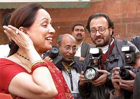 Newly nominated Rajya Sabha member and Bollywood Dream Girl Hema Malini interacts with the media