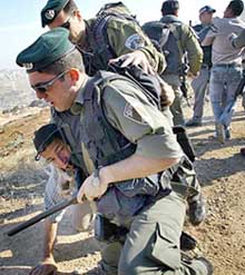 Israeli border policemen remove by force a Palestinian protester