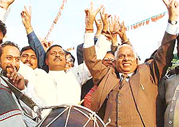 It is celebration time:  A former BJP MP, Mr Satya Pal Jain, president of the local unit of the BJP, Mr Yash Pal Mahajan and party workers in a jubilant mood over the victory of the BJP in the Assembly elections in three states on Thursday.