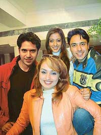 Netanya Singh (front), lead actress of Fun2shh, poses along with her co-stars (clockwise) Anuj Sahni, Raima Sen and Iqbal Khan in Chandigarh on Thursday.