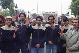 Members of the Indian polo team pose at the Wagah check post after returning from Pakistan on Monday. They participated in a polo tournament in Lahore.