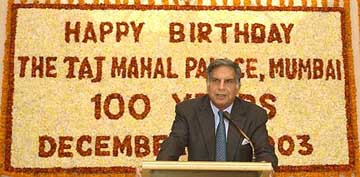 Ratan Tata, chairman, Indian Hotels Group, addresses the employees at Taj Mahal Hotel, Mumbai, during its centenary celebrations