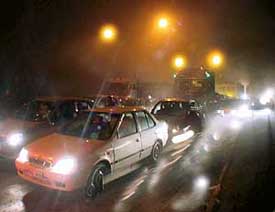 Traffic jam follows heavy fog on the Dakshin Marg in Chandigarh on Monday night