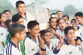 St Stephens Football Academy team in a jubilant mood after winning the First Kanwar Harbans Lal Memorial Football Tournament