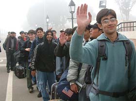 School students from Pakistan, who arrived in India on a tour, at the Wagah joint checkpost