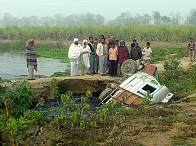 The truck that fell into the Buddha Nullah from a dilapidated bridge at Talwara village, near Ludhiana