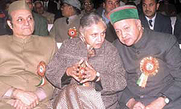 Dr Karan Singh, MP, Rajya Sabha, Delhi Chief Minister Sheila Dikshit and Himachal Pradesh Chief Minister Virbhadra Singh at Himachali Milan in the Capital on Thursday.