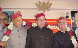 Newly elected HP State BJP President Suresh Bhardwaj with P.K. Dhumal and Shanta Kumar