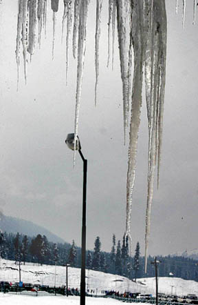 Sword-like icicles hang from a hotel roof at a health resort at Gulmarg, about 51 km from Srinagar