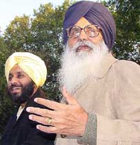 Mr Parkash Singh Badal and his son, Mr Sukhbir Singh Badal, address a press conference in New Delhi on Monday.