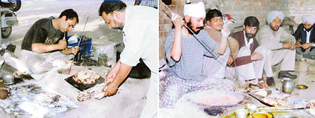 Swaran Singh, a tandoor wala in Sector 18, uses iron rods to pick chapatis from the tandoor and (right) customers wait eagerly as Narinder Singh, in Sector 19 in Chandigarh, takes out  hot paranthas from the tandoor.