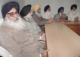 Shiromani Akali Dal President Parkash Singh Badal (extreme left) at a meeting of the Political Affairs Committee at Kalgidhar Nivas, Sector 27, in Chandigarh