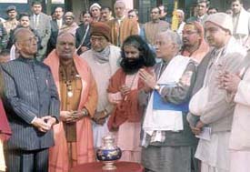 Union Minister Murli Manhor Joshi, L.M.Singhvi and Ashok Singhal at the inauguration of The Holistic Centre near Chattarpur in the Capital on Friday. 