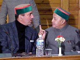Congress leader Ghulam Nabi Azad with Chief Minister Virbhadra Singh in Shimla