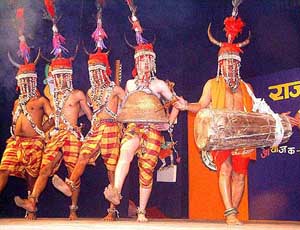 Artiste tribesmen from Bastar perform "Gabar" dance at Ravindra Bhavan, Bhopal